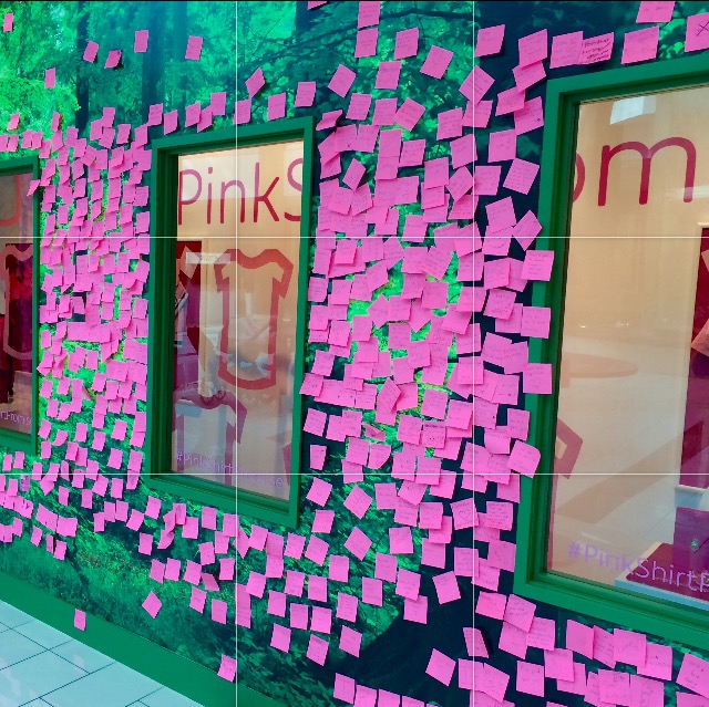 Pink Shirt Day wall featuring pink post-it notes 